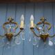 Gilt Bronze French Antique wall Sconces: Crystal Drops, Twin Arms, C1940s