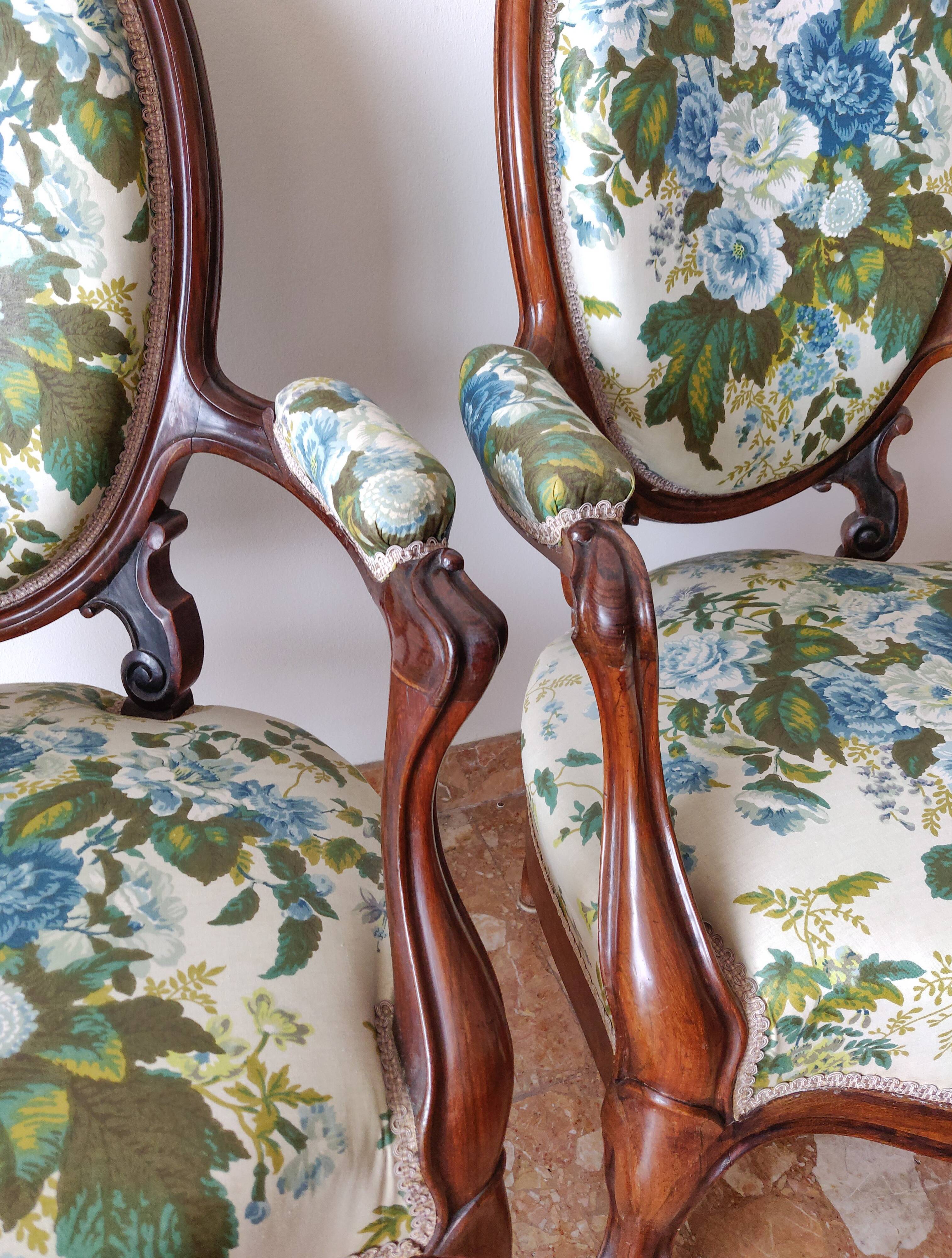 Pair armchairs Louis Philippe solid floral mahogany