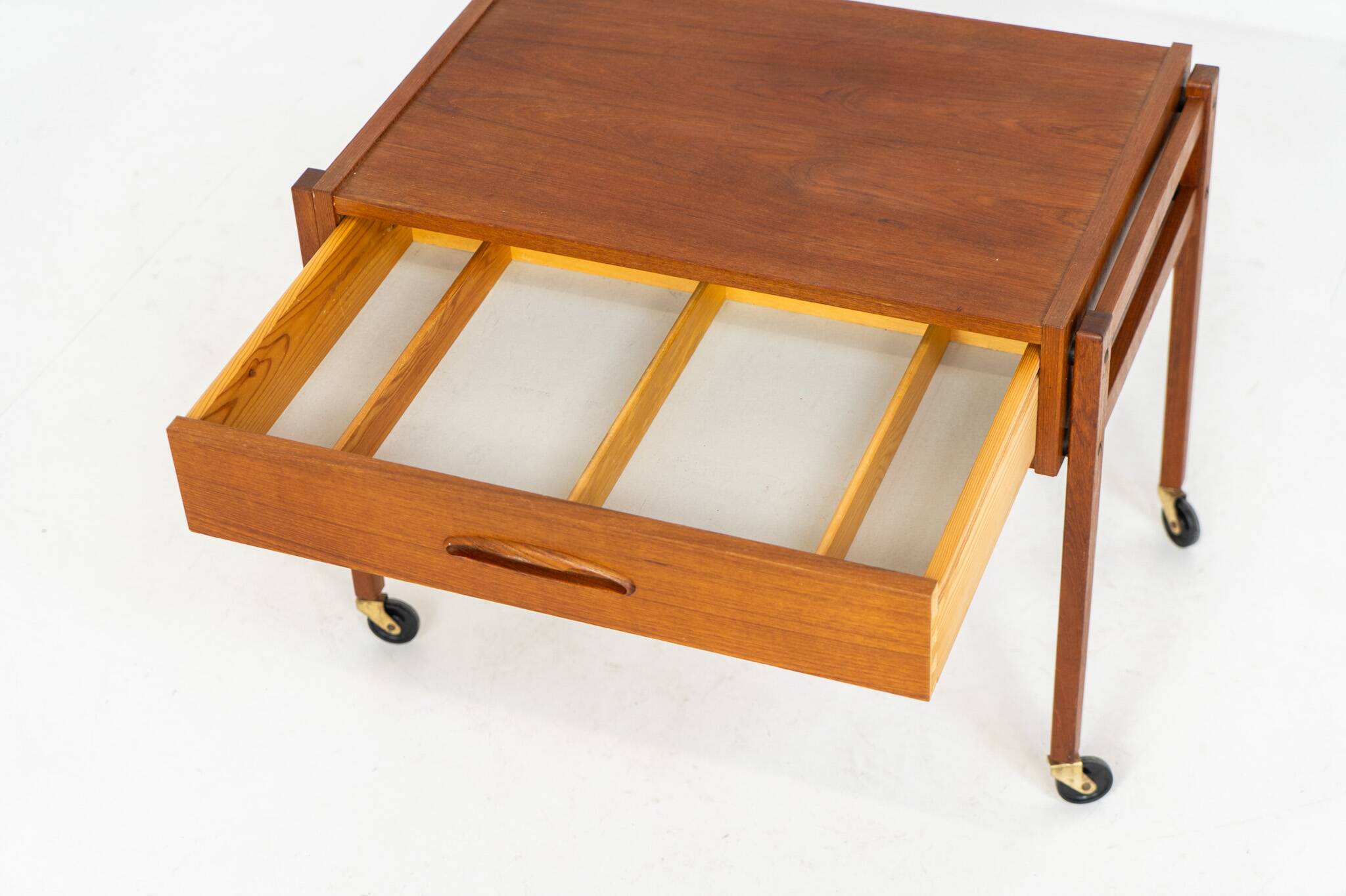 Teak sewing trolley / side table on castors
