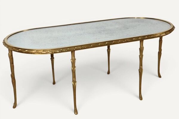 Table basse Maison Baguès en bronze doré et miroir vieilli – Années 1950