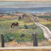 Original Swedish Oil on Canvas – "Coastal Scene with Horses" by Georg Lodström – Signed – 1947 – Framed – 77 × 66 cm