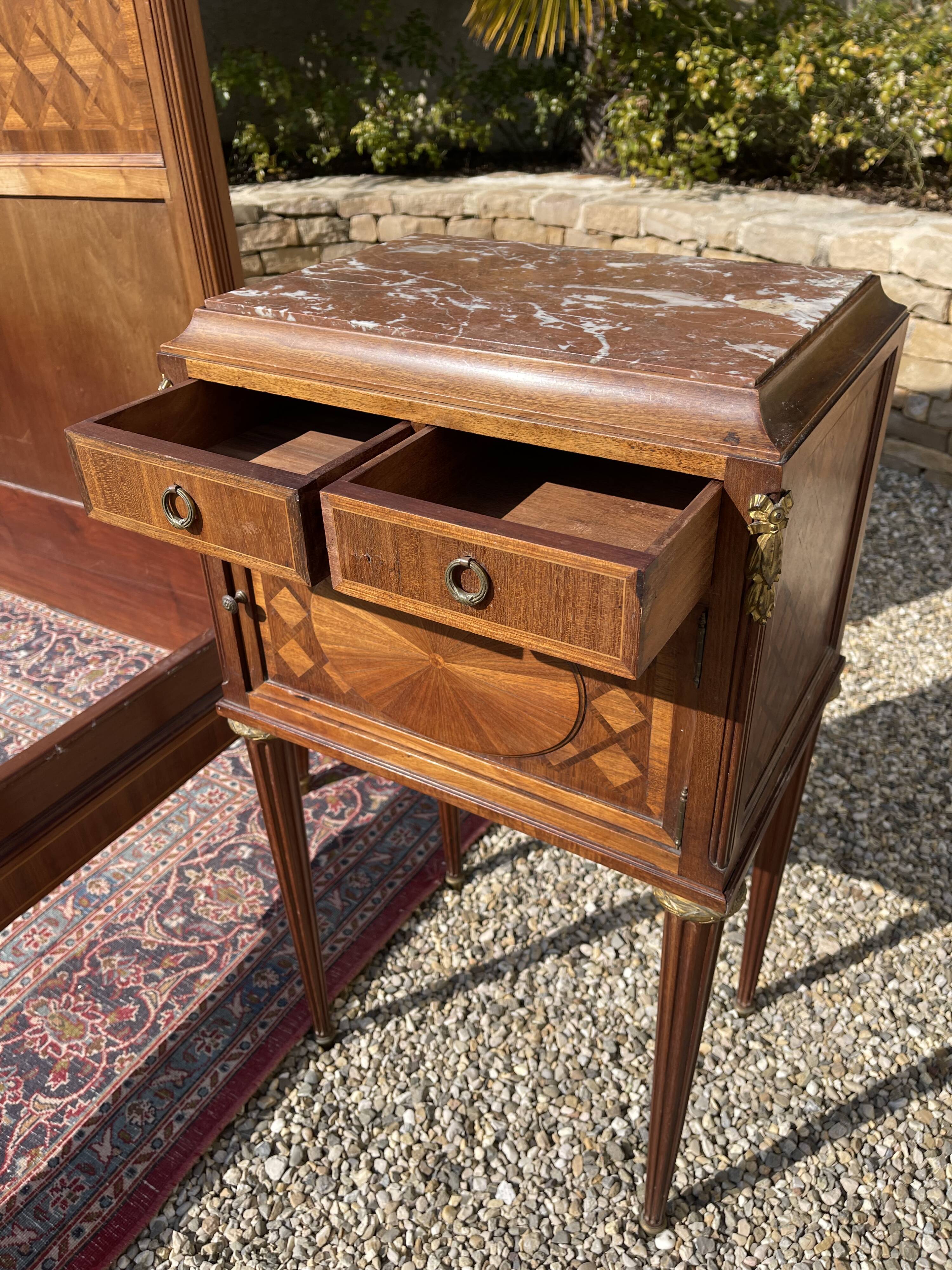 Louis XVI style marquetry & bronze bed and bedside table