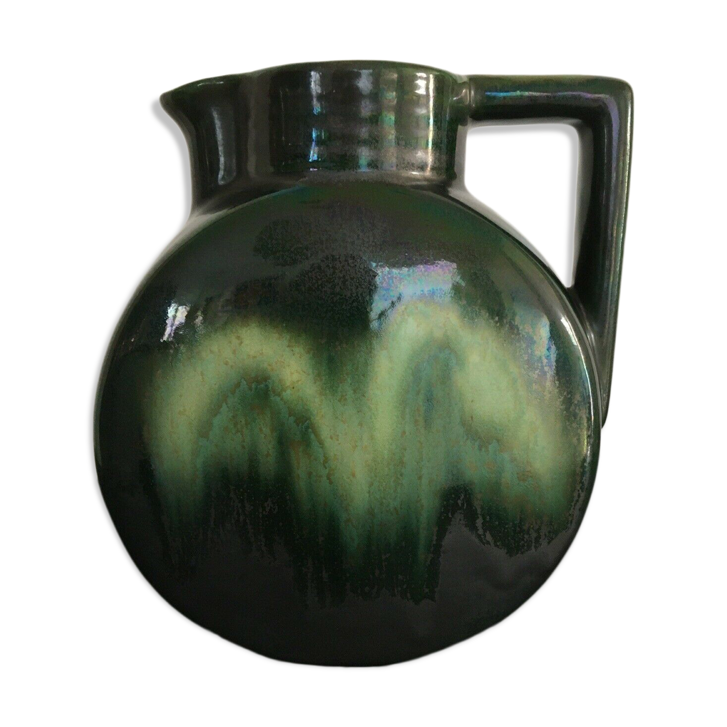 Carafe broc pitcher in green ceramic with metallic highlights
