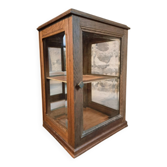 Petite vitrine ancienne française en chêne | Vitrine en verre des années 1920 avec fond miroir