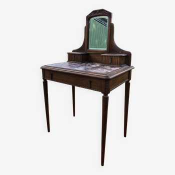Vintage Rococo Art Deco dressing table in solid oak with 3 drawers on marble top.