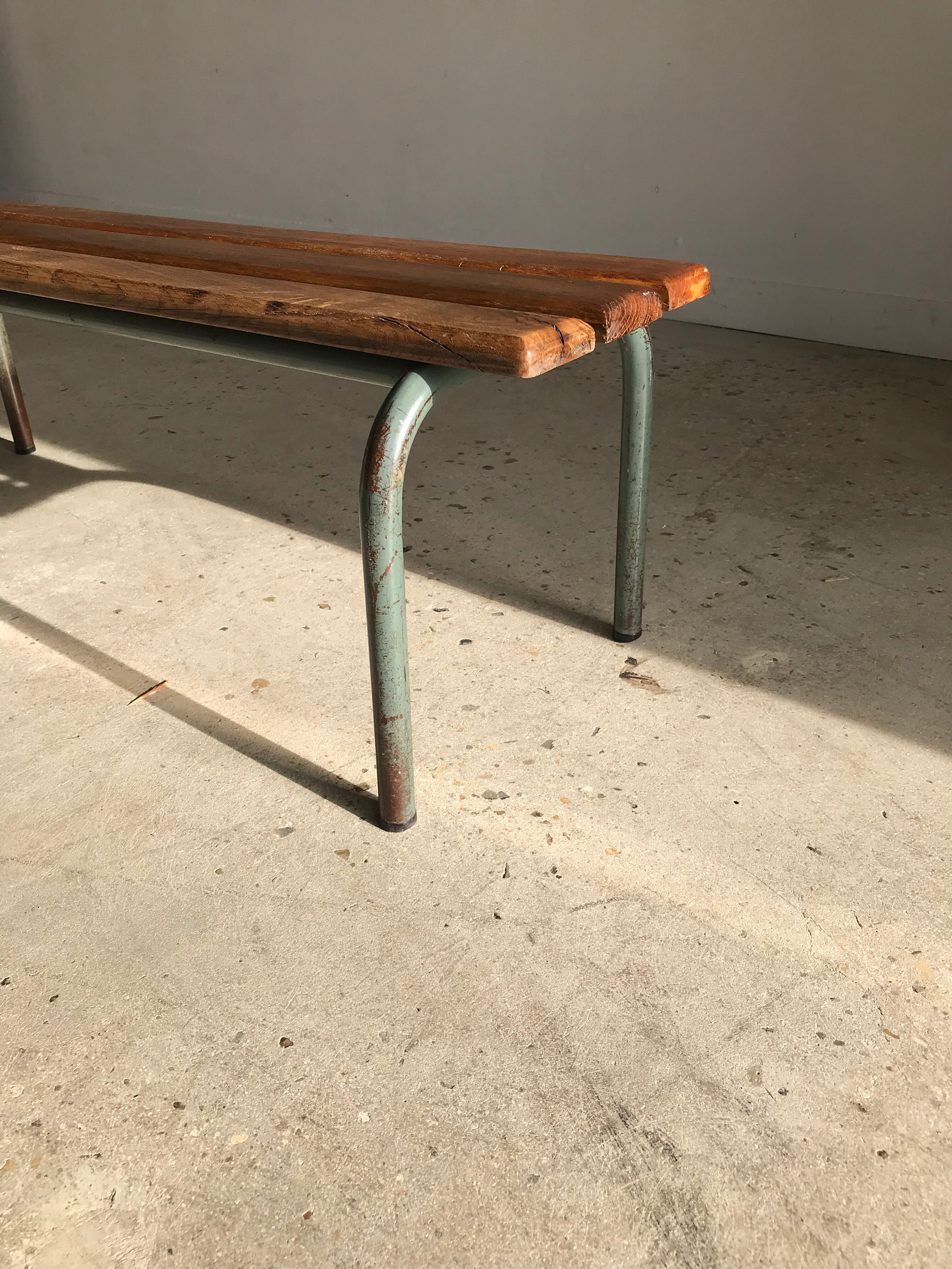 Vintage school bench base gray green