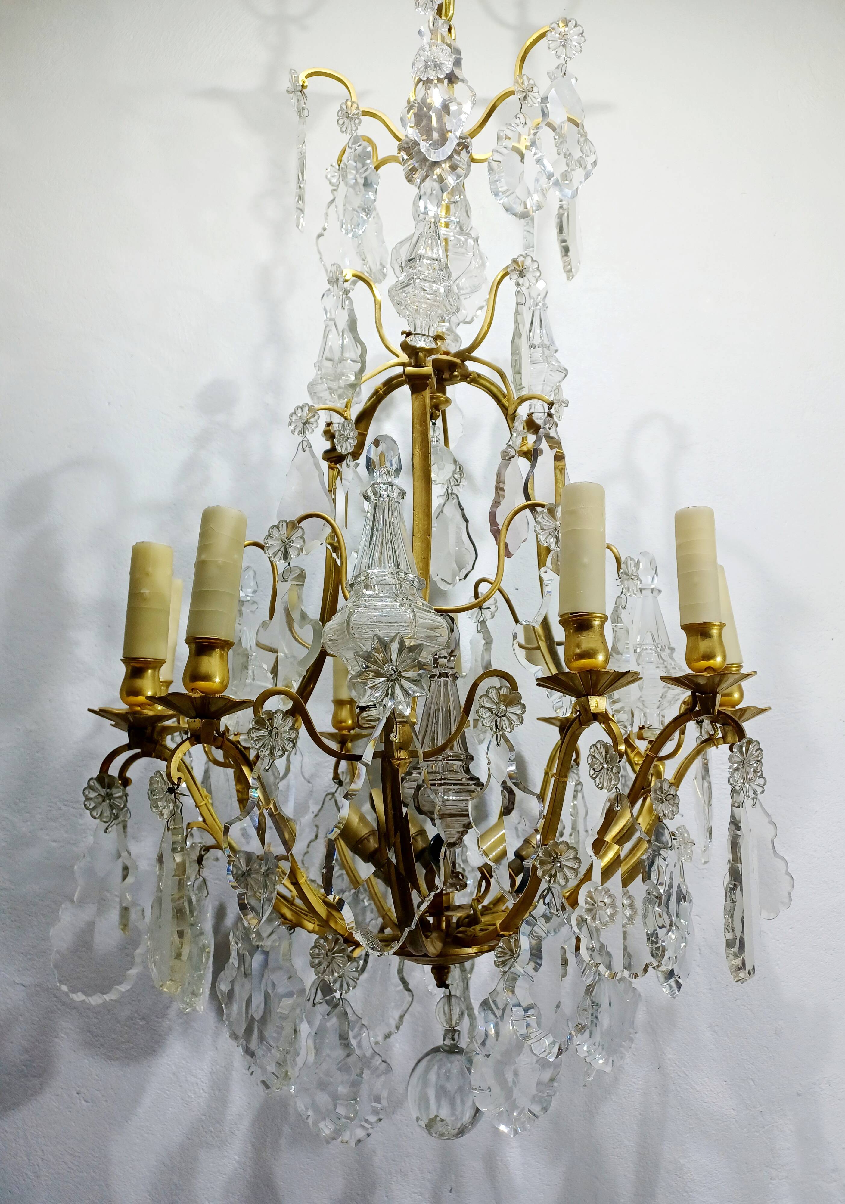 12-light bronze and crystal cage chandelier