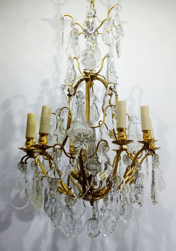 Lustre cage 12 lumières bronze et cristal