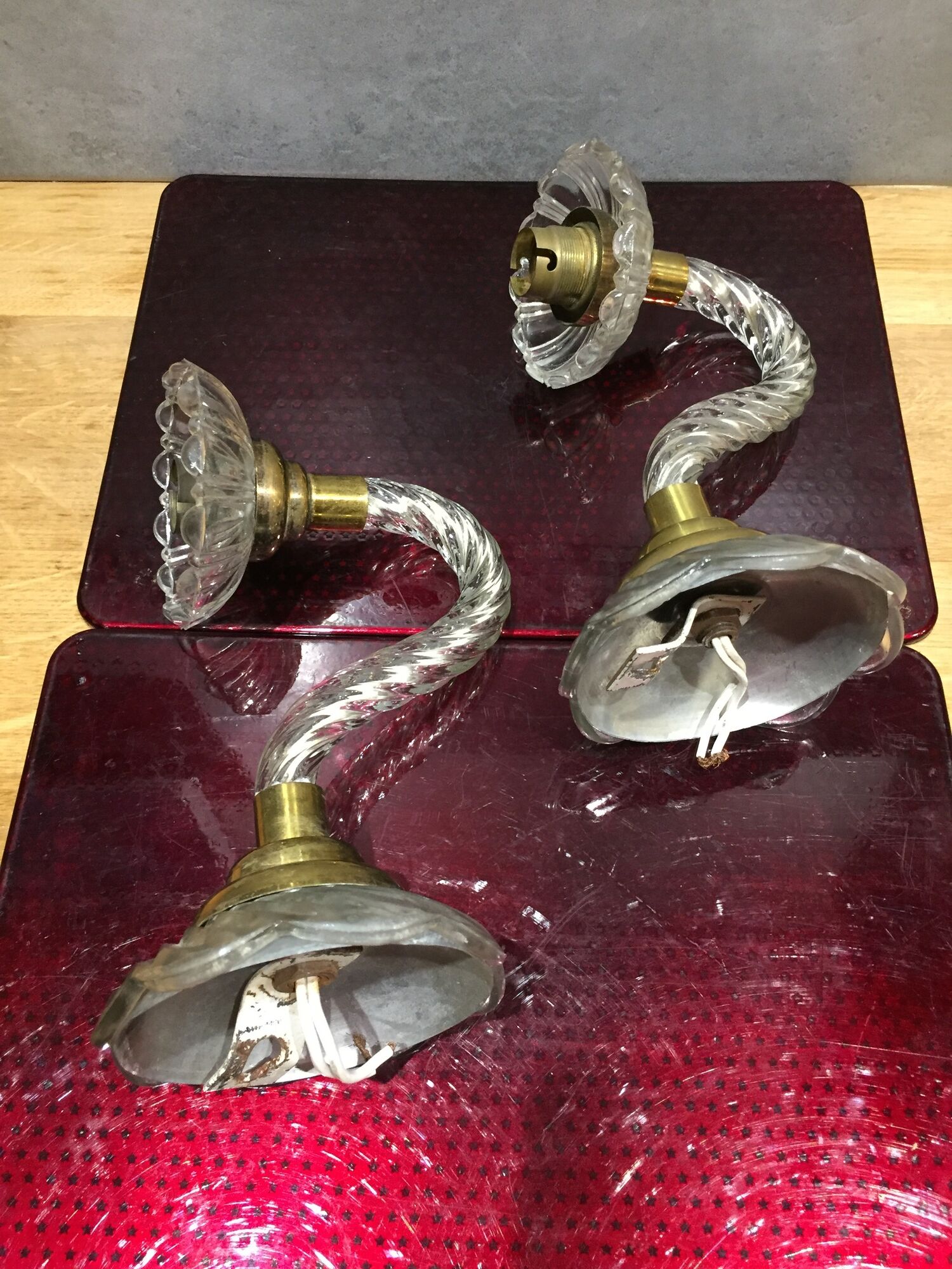 Pair of glass and gold metal sconces in the 1950s
