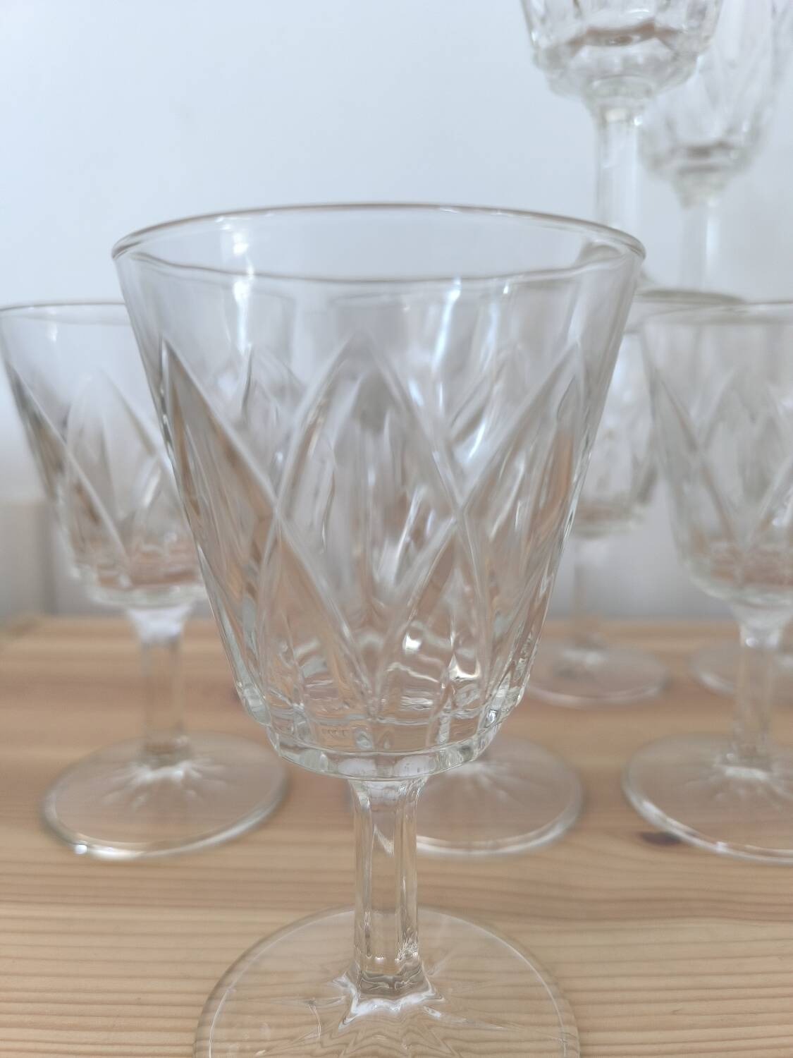 Set of 10 Chiseled Glass Wine Glasses from the 60s