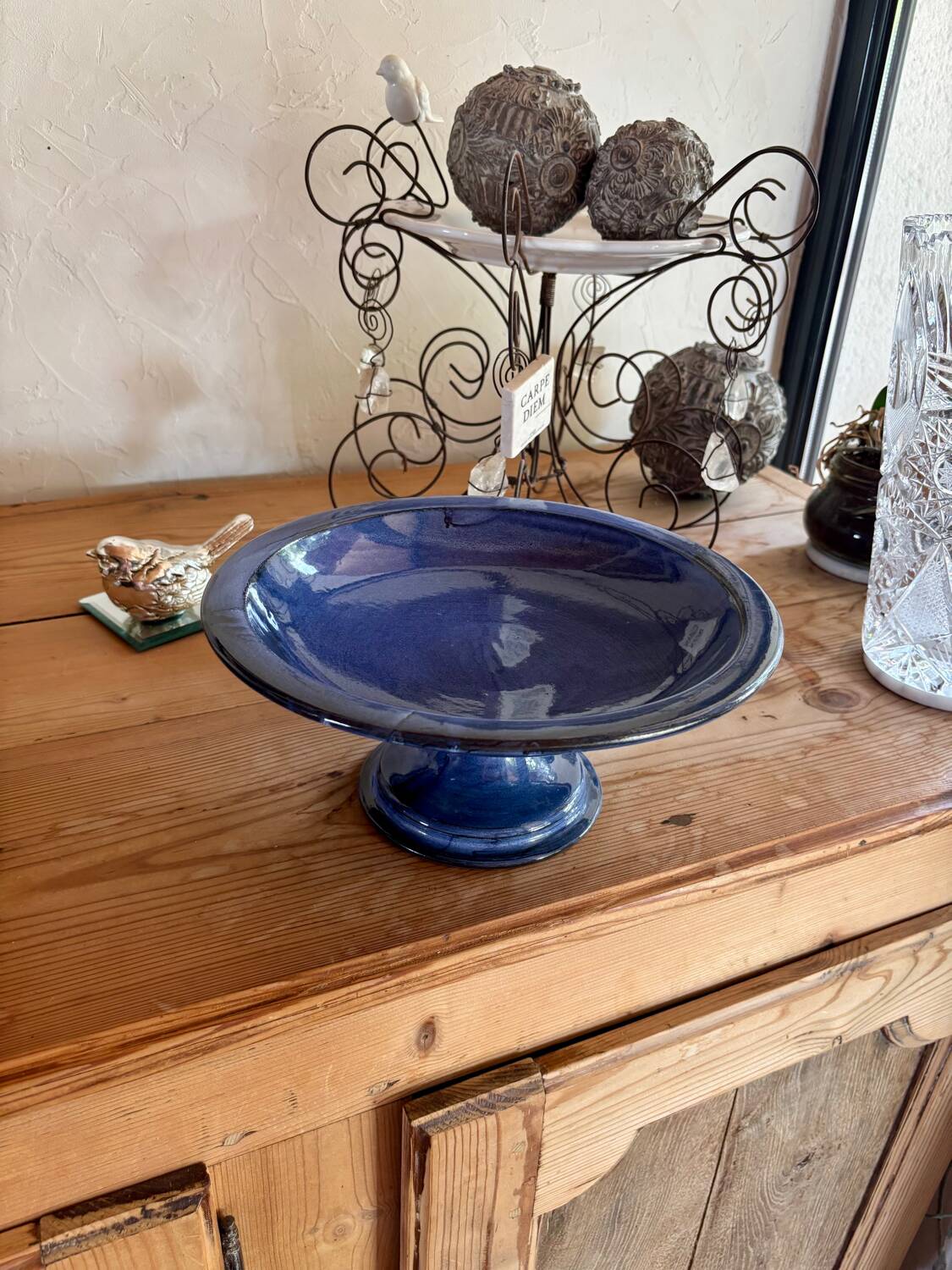 Vintage blue fruit bowl 1980s enamelled stoneware