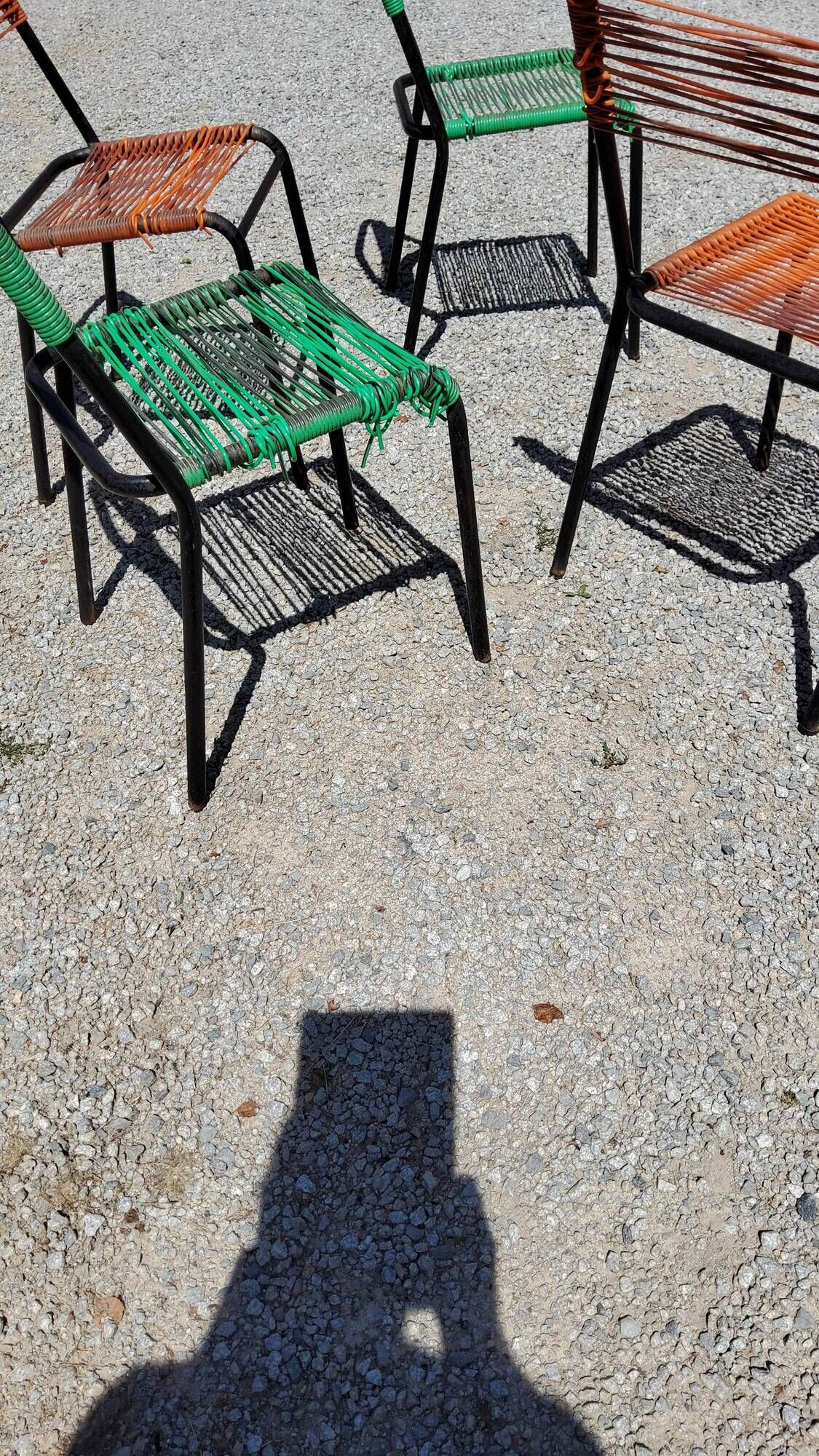 Set of 4 chairs scoubidou green and orange tubes metal black from the 60s