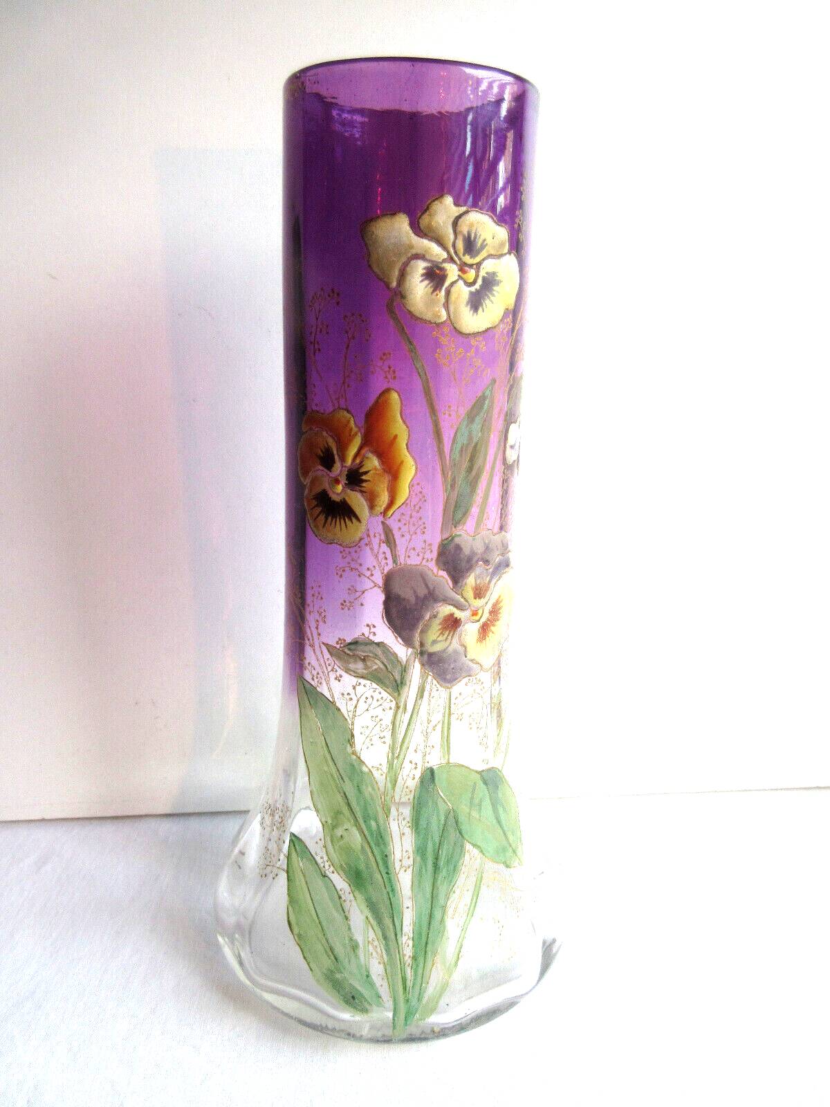 Legras enameled vase, multicolored pansies, colorless gradient purple glass