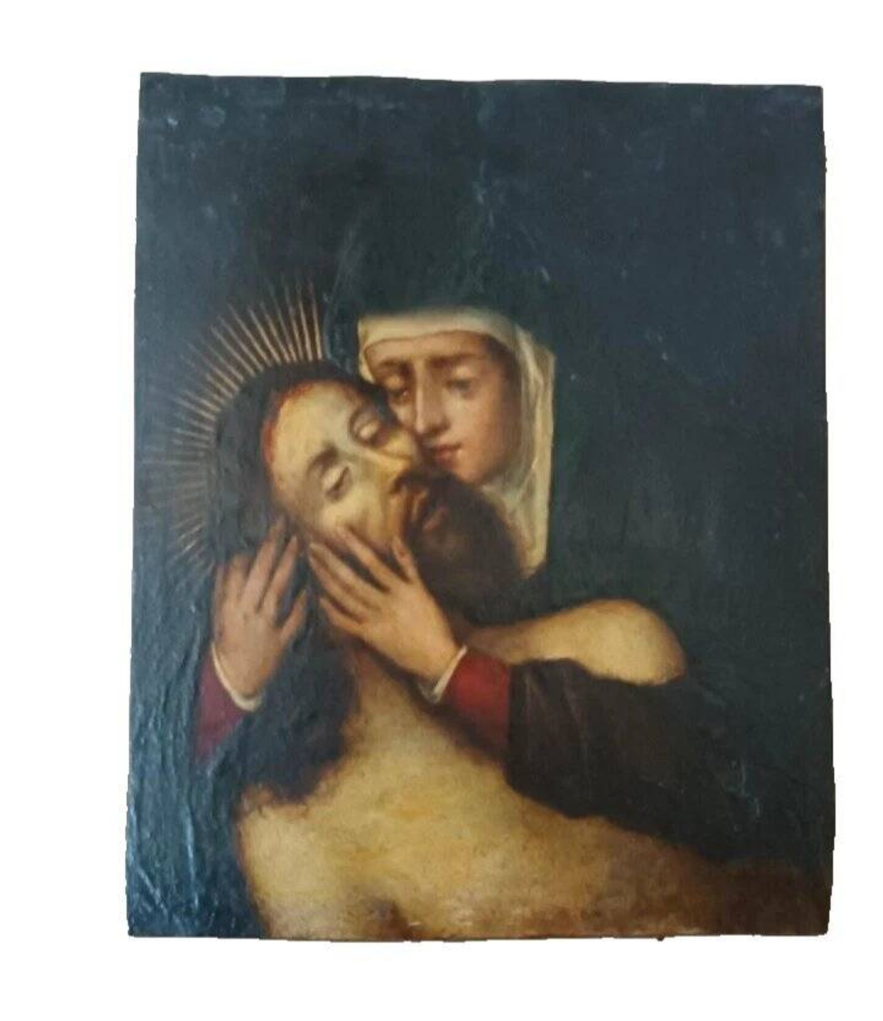 Peinture sur cuivre ancienne du XVIIe siècle - Marie avec le Christ -