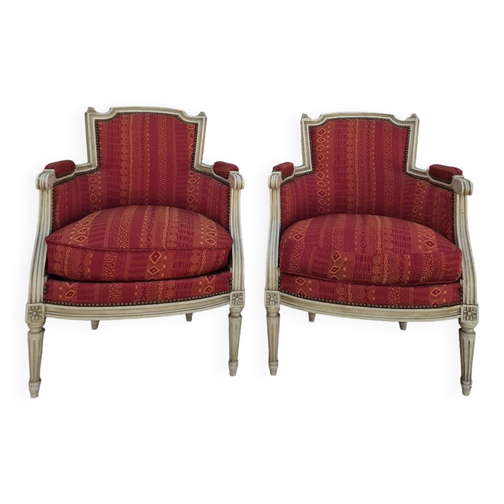 Pair of Louis XVI style bergère armchairs, antique.