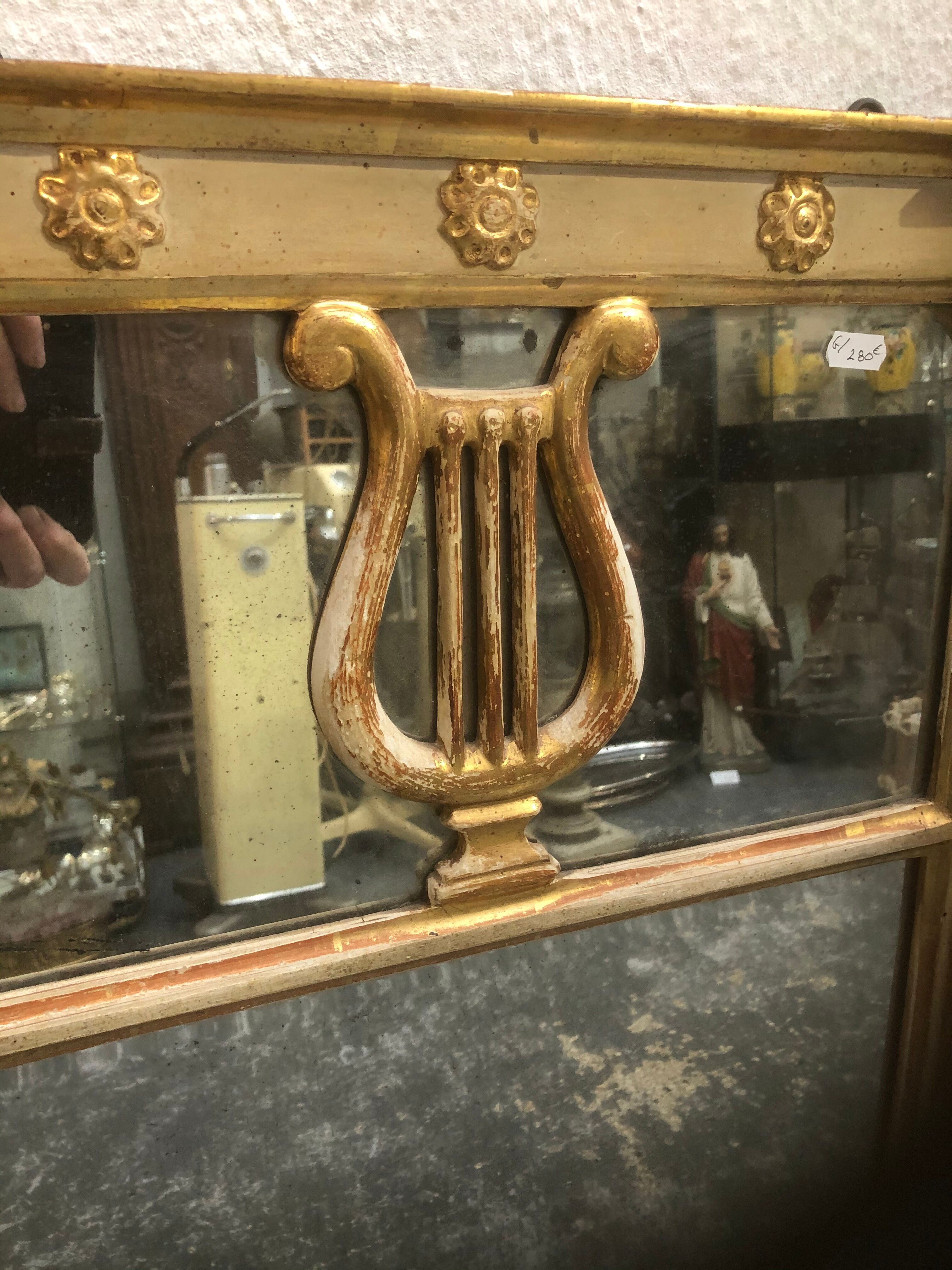 Old wooden mirror and gilded stucco 19th Style Louis XVI Trumeau Décor Columns and Lyre 52x102cm