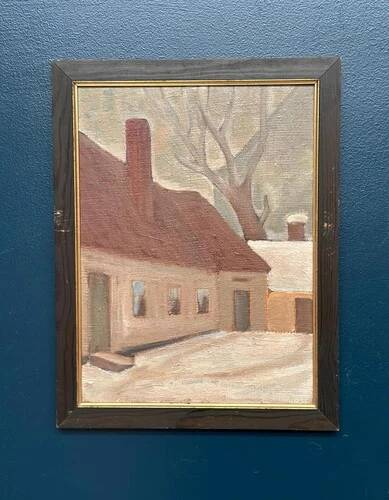 Original Swedish Oil on Canvas “House” by Unknown Artist Vintage & Framed