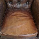 Set of 2 Cognac Brown Grained Cowhide Leather Chesterfield Armchairs