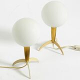 Two Mid-Century Modern rocket table lamps in brass and glass