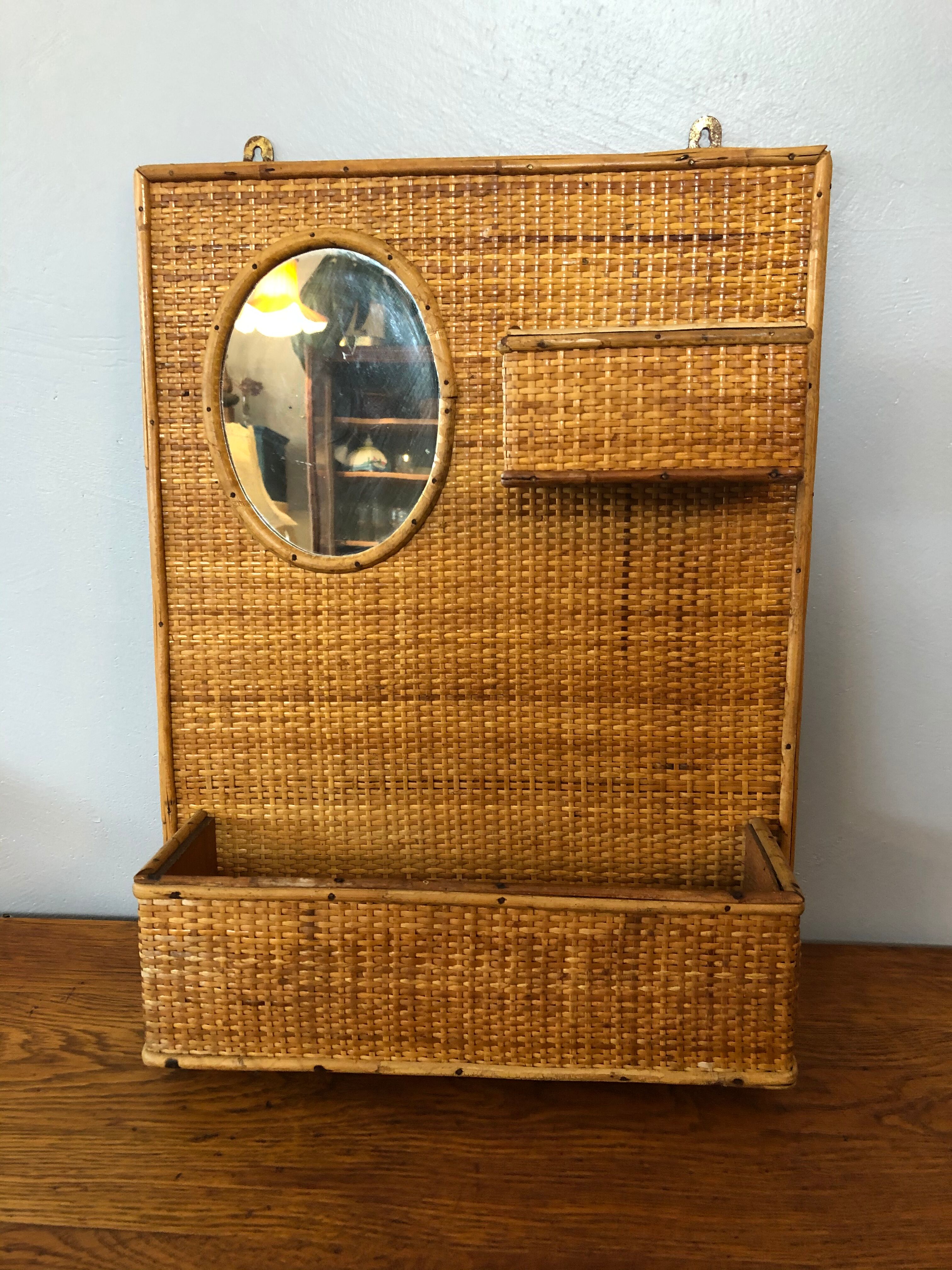 Vintage woven rattan shelf
