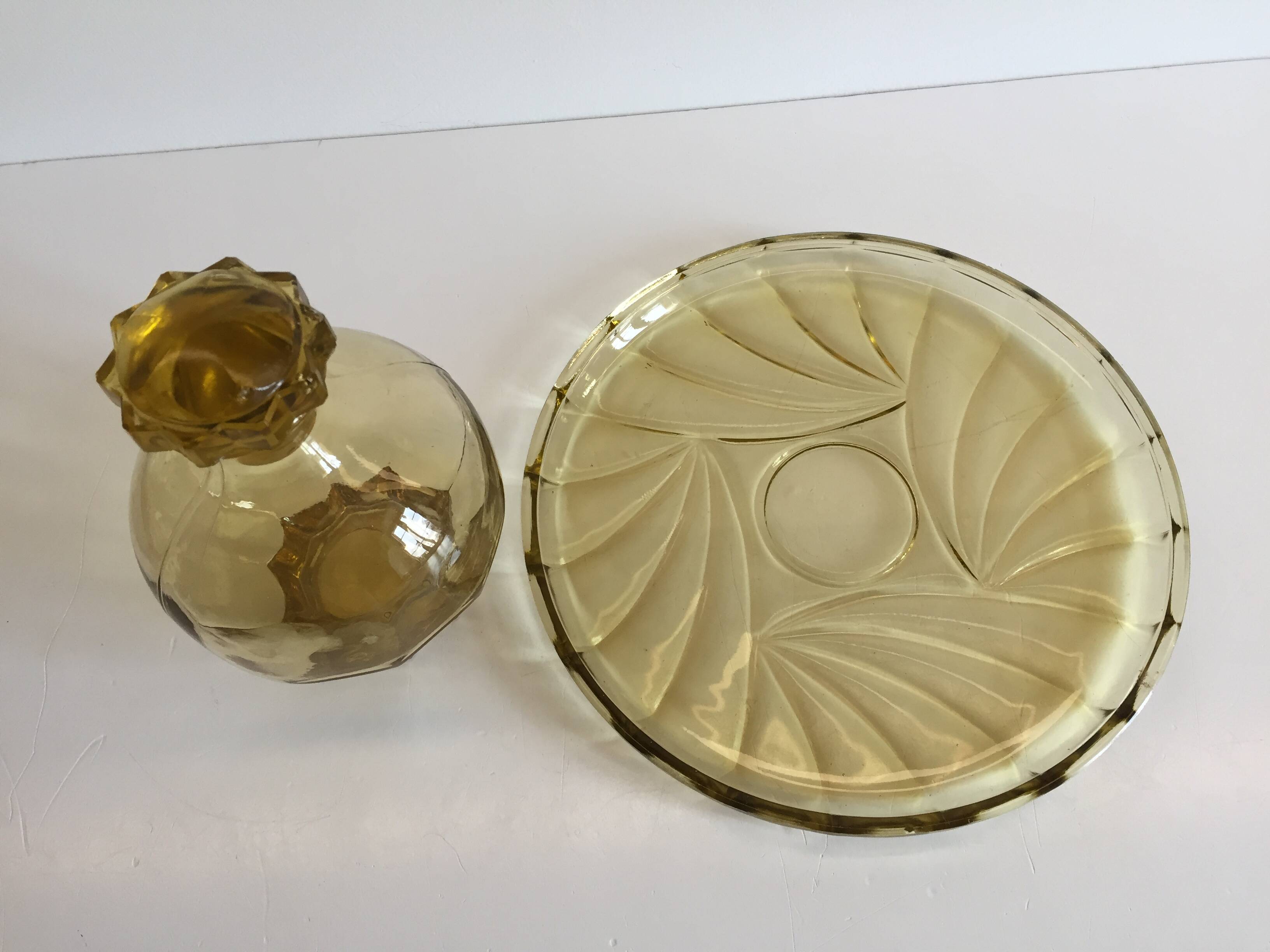 ART DECO Tray and Carafe Amber Yellow Glass