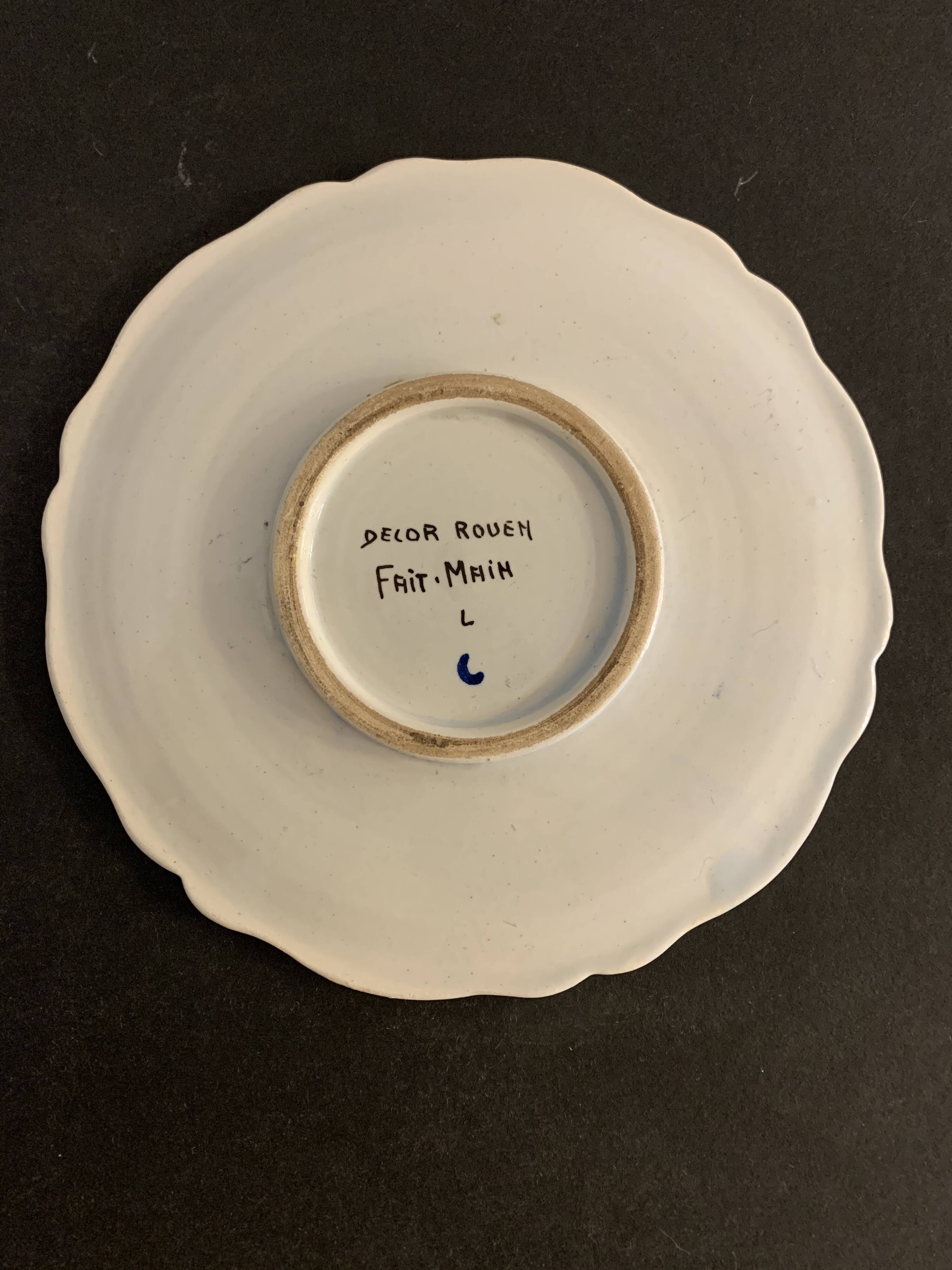 Old mustache cup and its under cup, Rouen earthenware