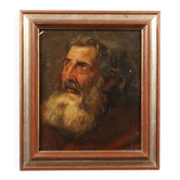 Old painting of a male face in oil on cardboard from the 19th century.