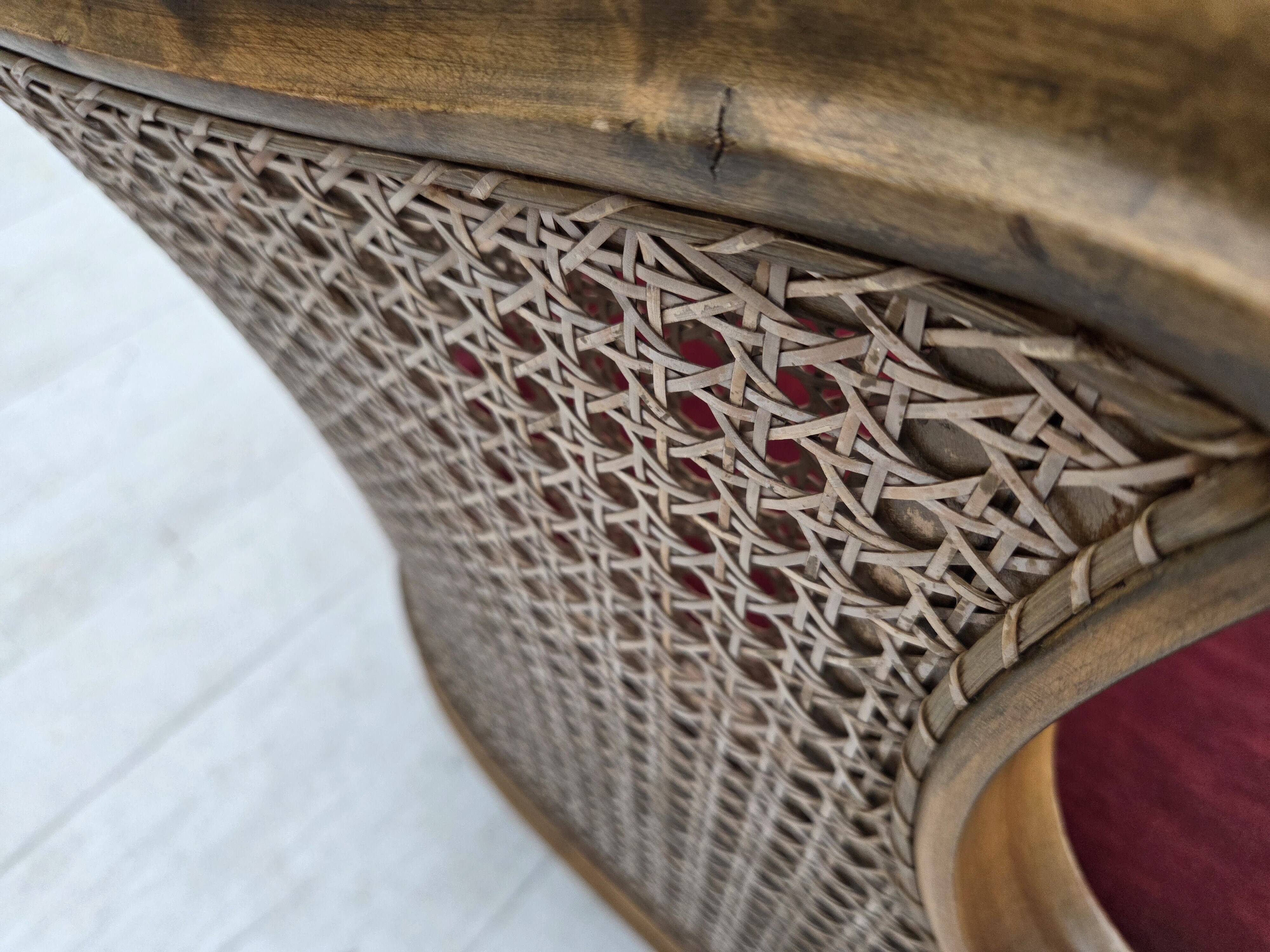 1940s, Danish armchair, woven wool, velour, mesh, carved oak wood.