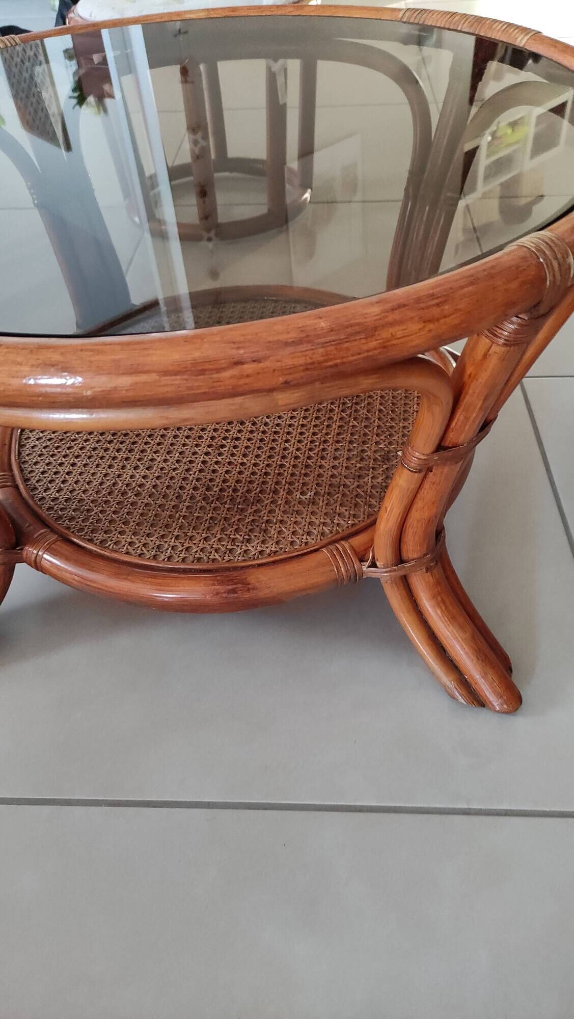 Sofa armchairs and coffee table in vintage rattan of six pieces