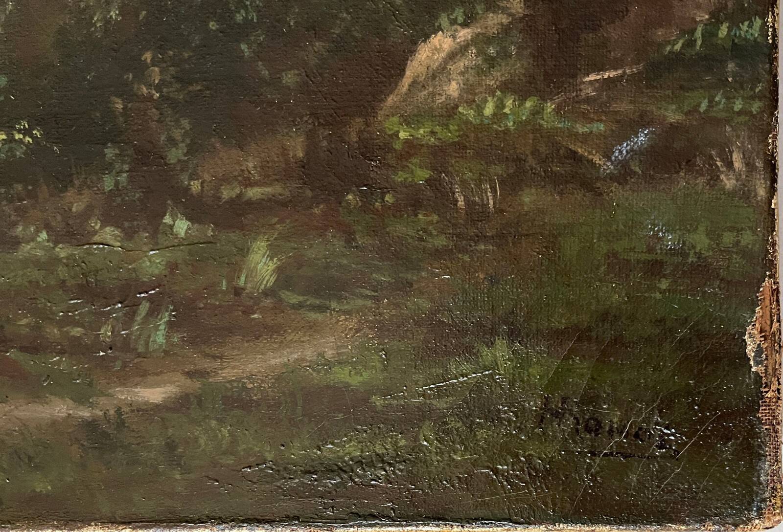 Large painting dated 1872 "Landscape with village by the river" signed