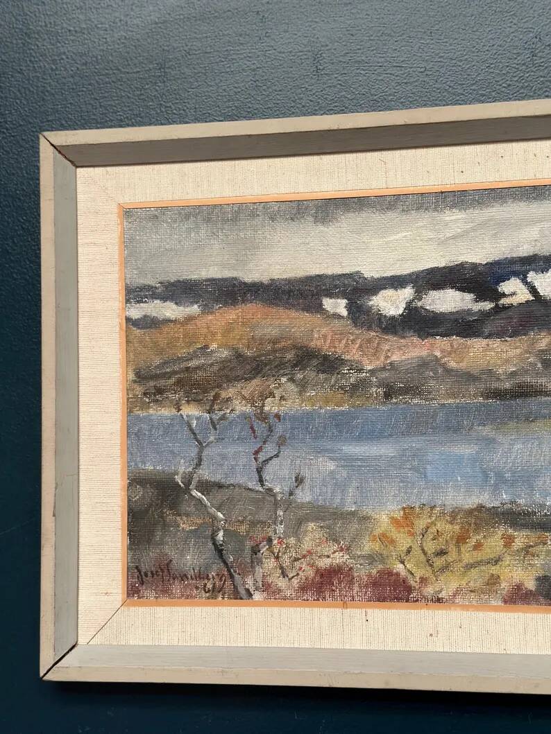 Original Swedish Oil on Panel - 'Landscape with Water' by Josef Sandberg - Signed - Vintage and Framed - 54.5 × 38.5 cm
