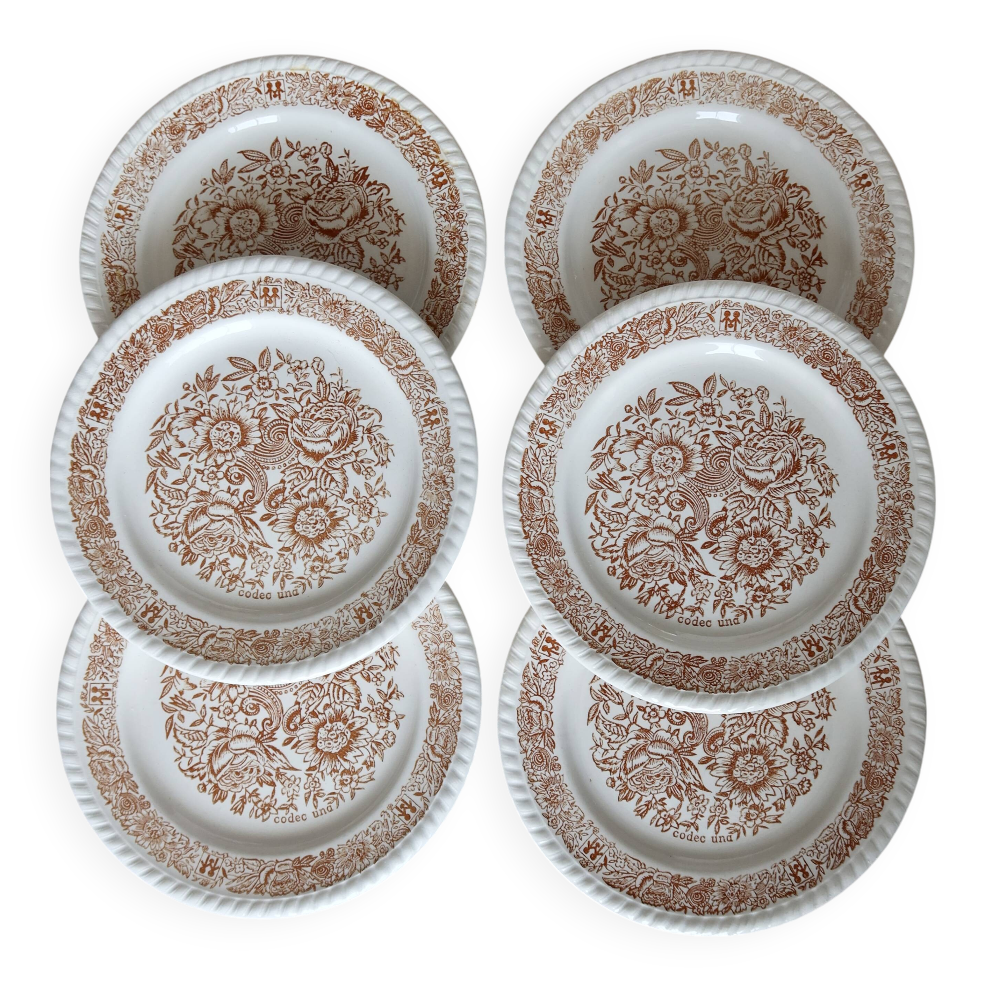 6 assiettes à dessert vintage fleuries – Codec – Décor brun rustique