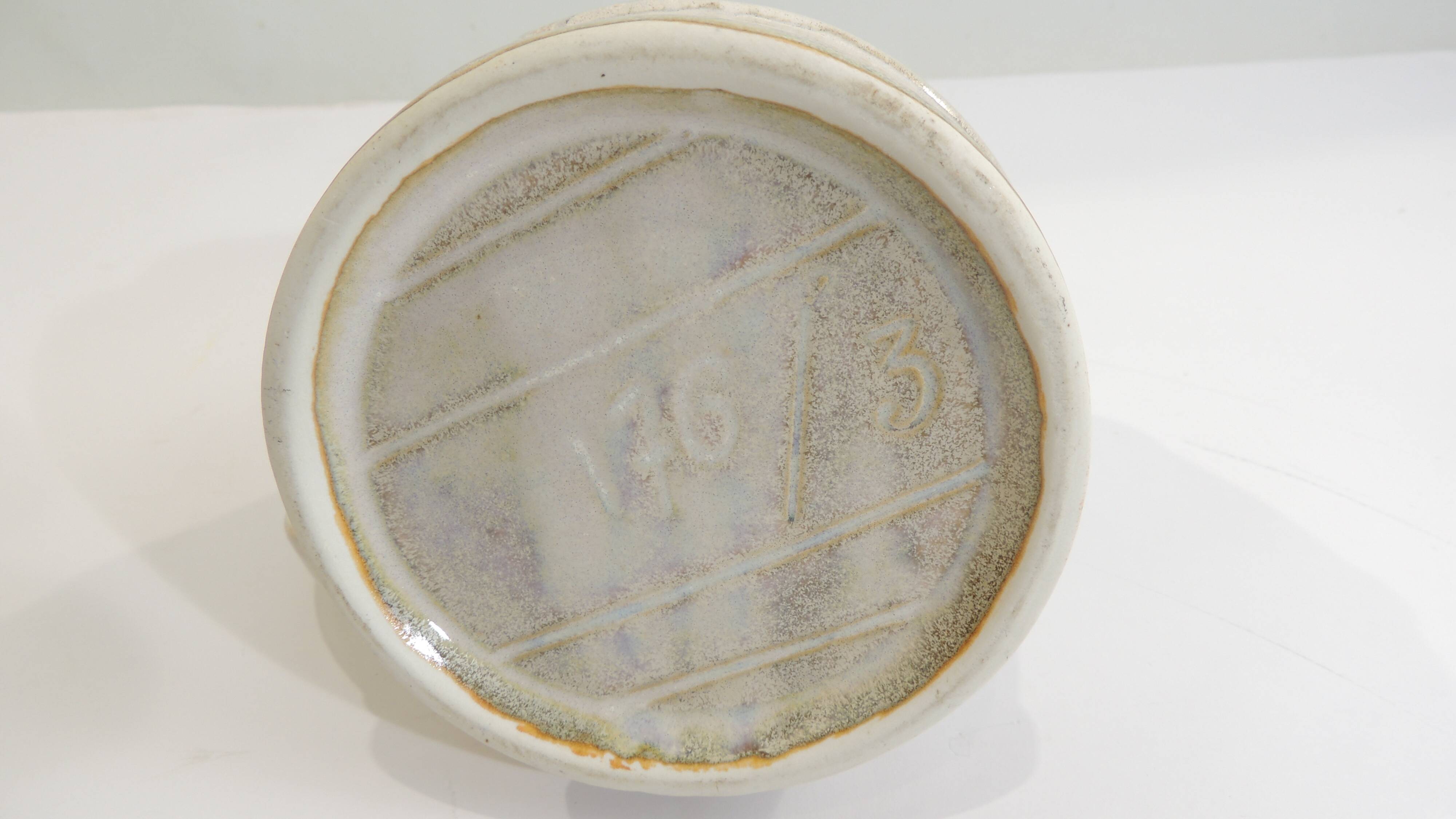 Vintage beige and blue glazed ceramic pitcher – Rustic handcrafted jug