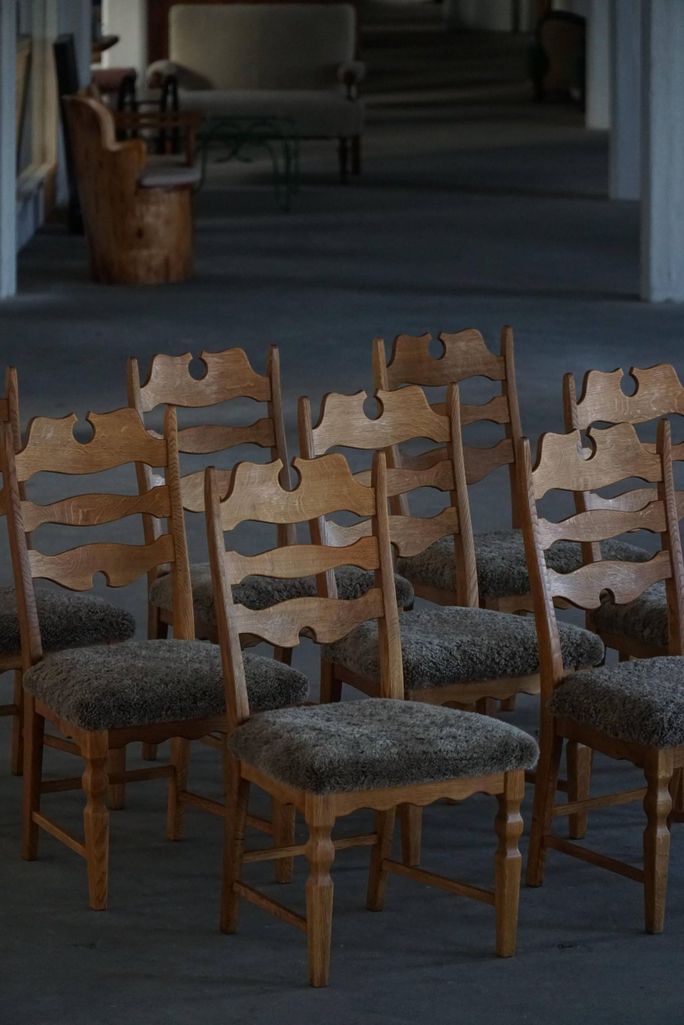 Denmark mid-century, set of 8 oak and lambswool chairs, Henning Kjærnulf, 1960s
