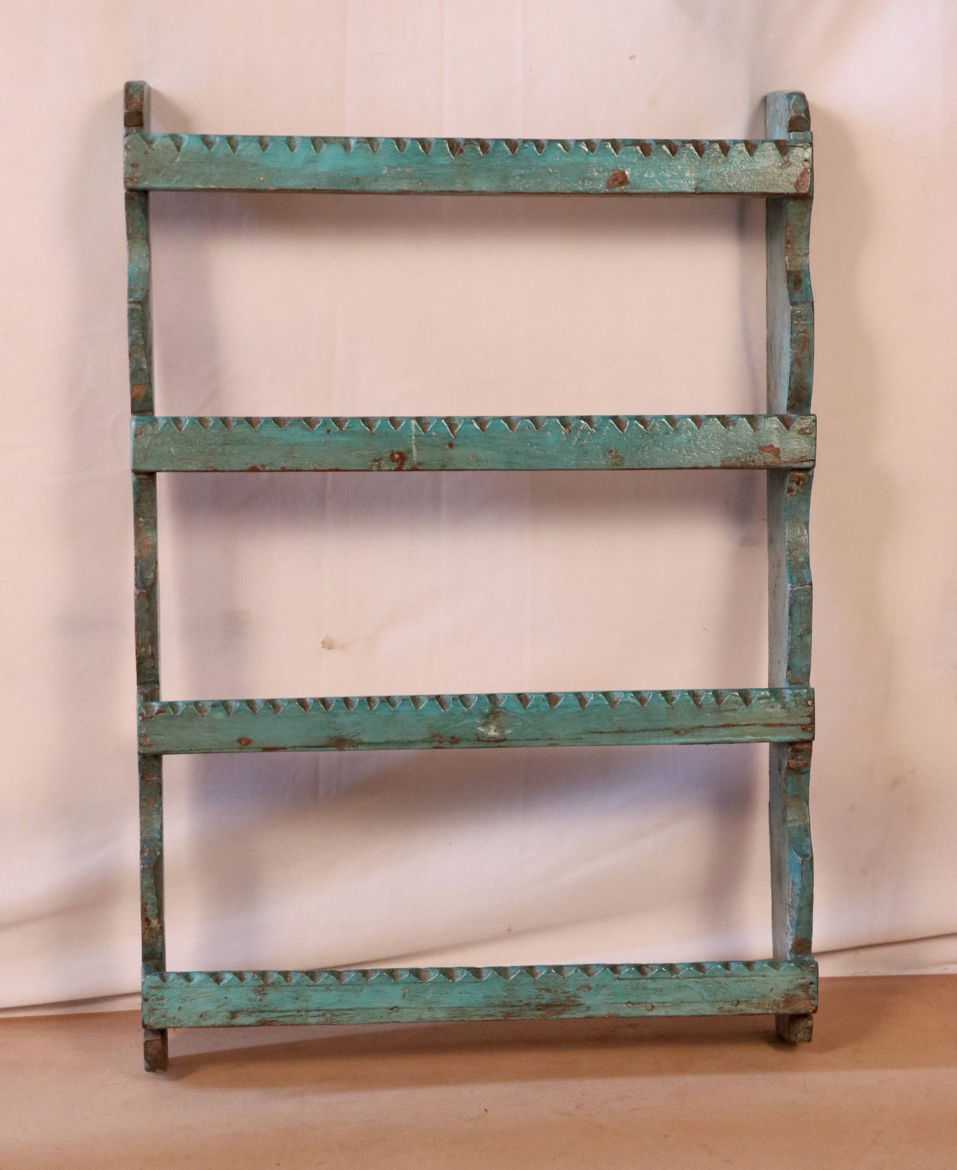 Old Burmese teak wall shelf original blue patina