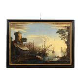 Peinture ancienne « Vue du port » huile sur toile XVIIIe siècle