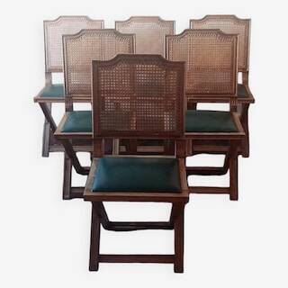Set of 6 vintage French chairs in solid wood, canework and sky green