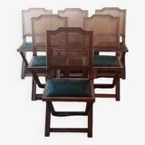 Set of 6 vintage French chairs in solid wood, canework and sky green