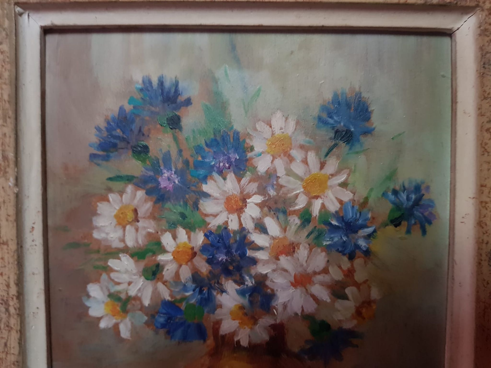 Pair old table c. de fred flower bouquet oil on vintage panel