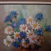 Pair old table c. de fred flower bouquet oil on vintage panel