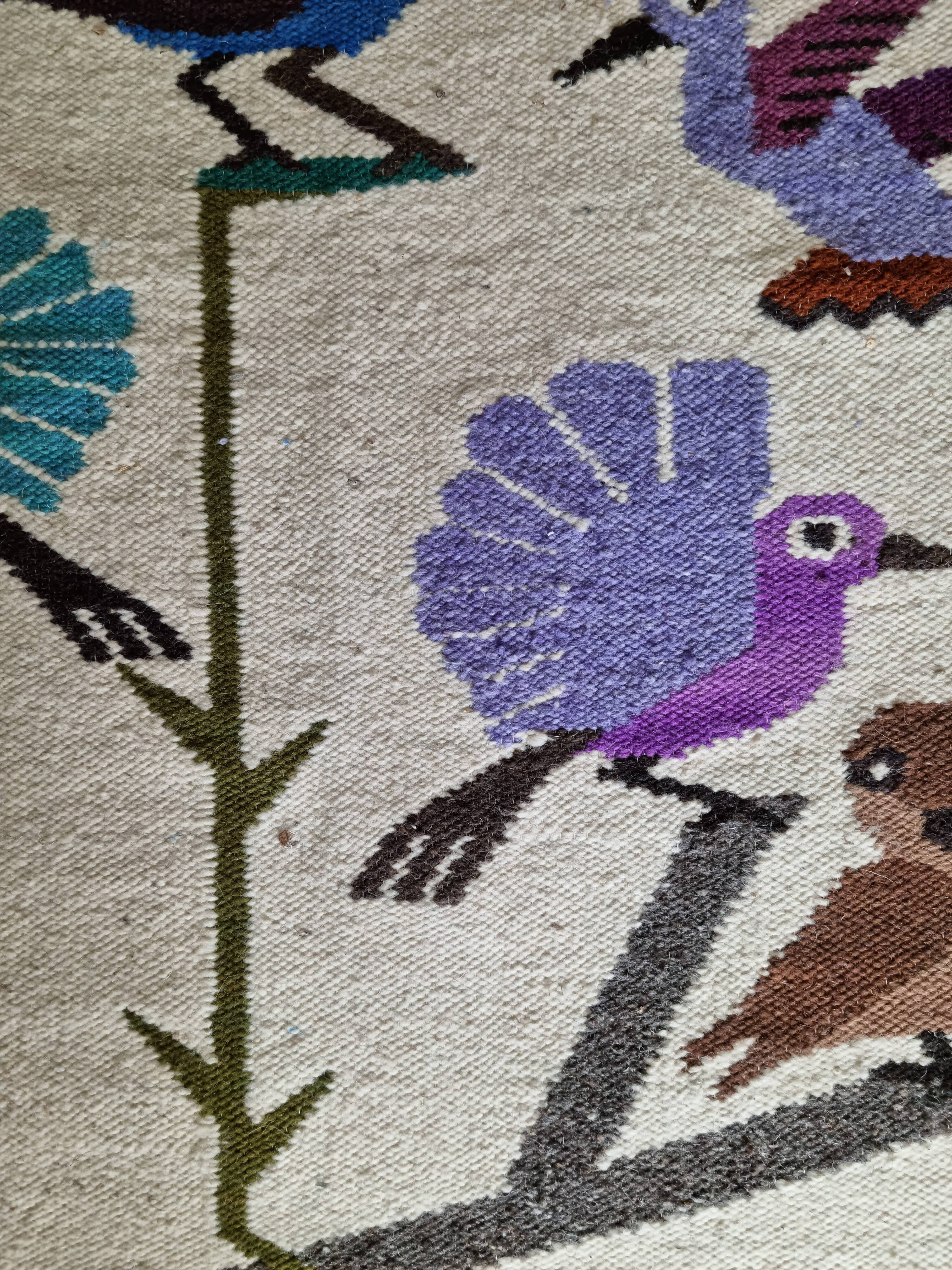 Handcrafted wall tapestry in dyed wool, bird decor, 67 cm by 84 cm