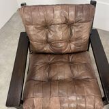 Living room sofa and brutalist armchairs in leather and wood, 70s, chalet style