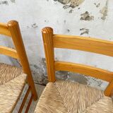 Pair of straw and pine chairs, mountain furniture