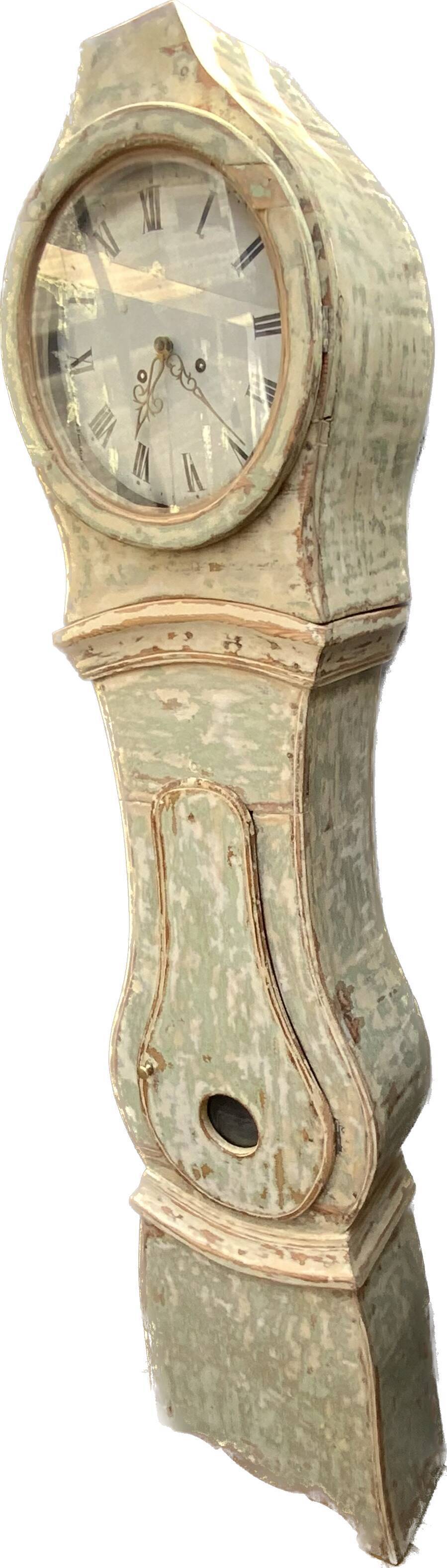 Antique mora clock long case, mint colour wood case 1800s