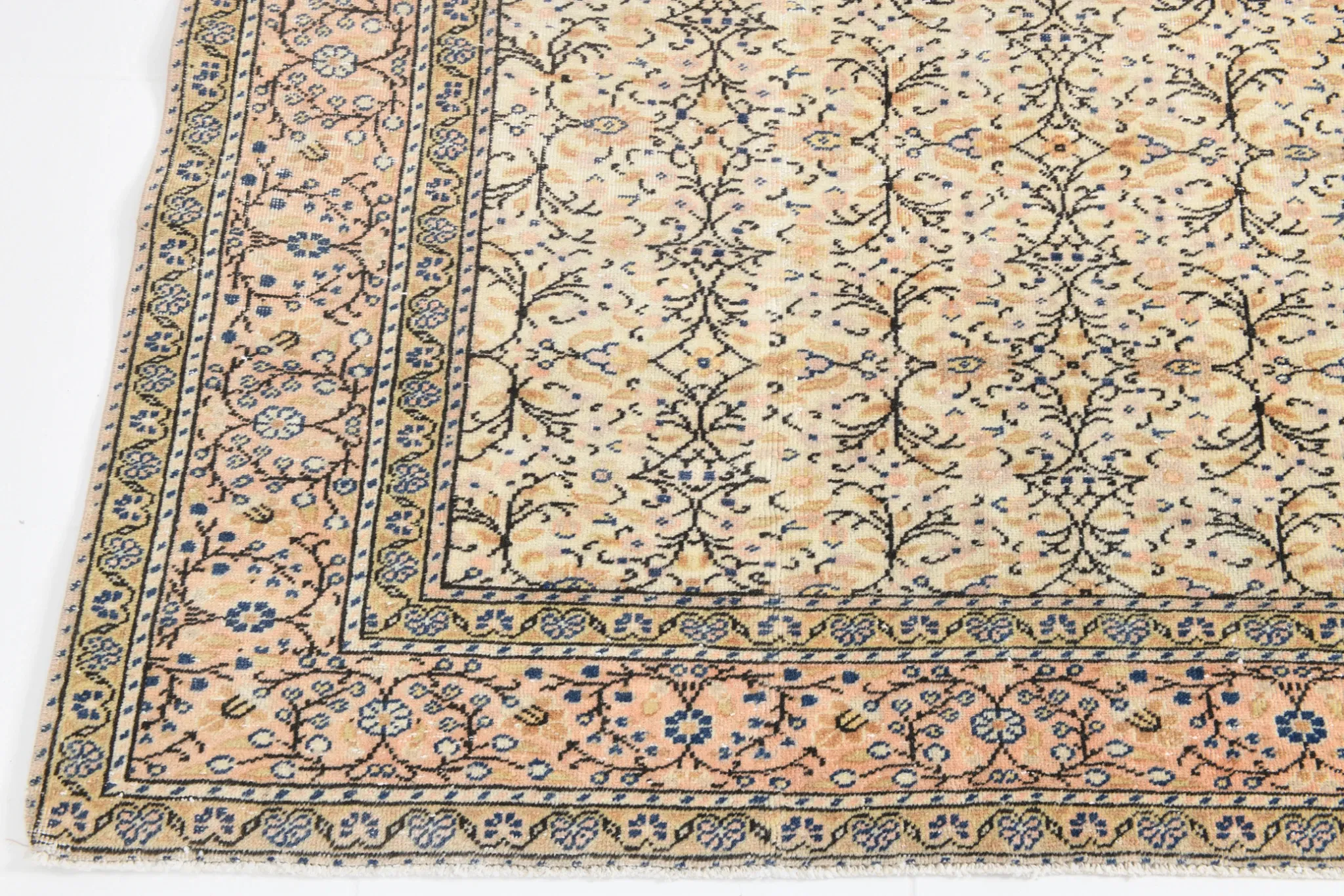 9x13 Vintage Cream Blue Persian Rug, Turkish Handmade Wool Floral Carpet