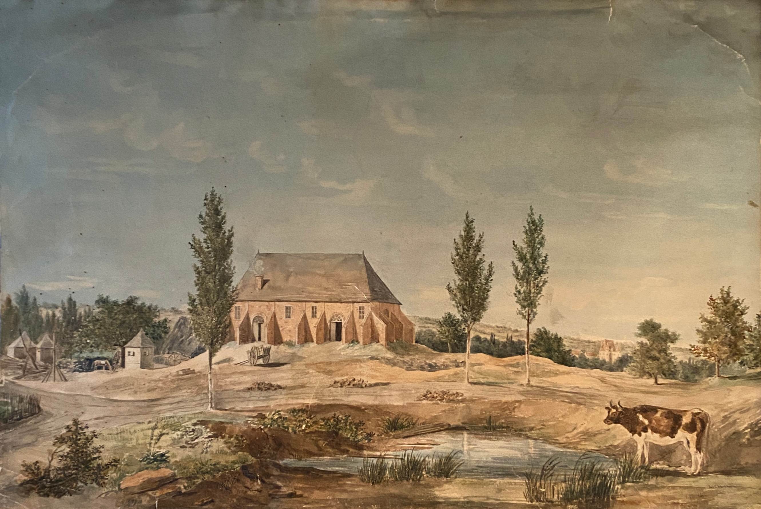 Watercolor painting "Landscape with Abbey village and pasture" XIXth century