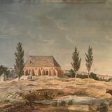 Tableau aquarelle "Paysage avec Abbaye village et pâturage" XIX° siècle