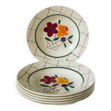 Set of 6 soup plates with flowers and tiles Gien model "Esterel", 1950