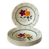 Lot de 6 assiettes creuses à fleurs et carreaux Gien modèle "Esterel", 1950