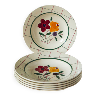Set of 6 soup plates with flowers and tiles Gien model "Esterel", 1950